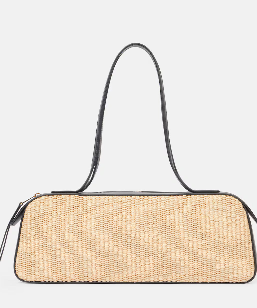 SIMONA LEATHER-TRIMMED RAFFIA SHOULDER BAG