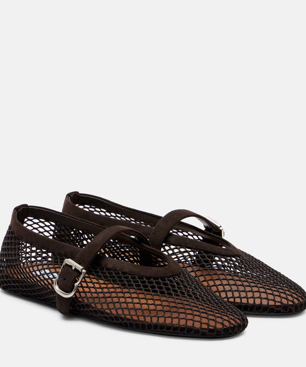SUEDE-TRIMMED MESH BALLET FLATS