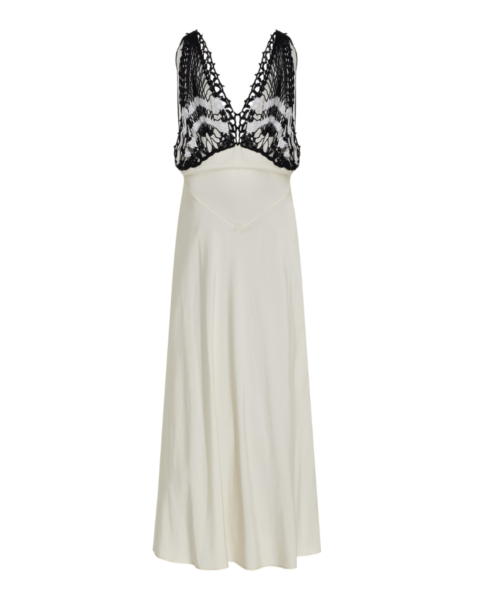 PAVONA CROCHET-TRIMMED CREPE MAXI DRESS