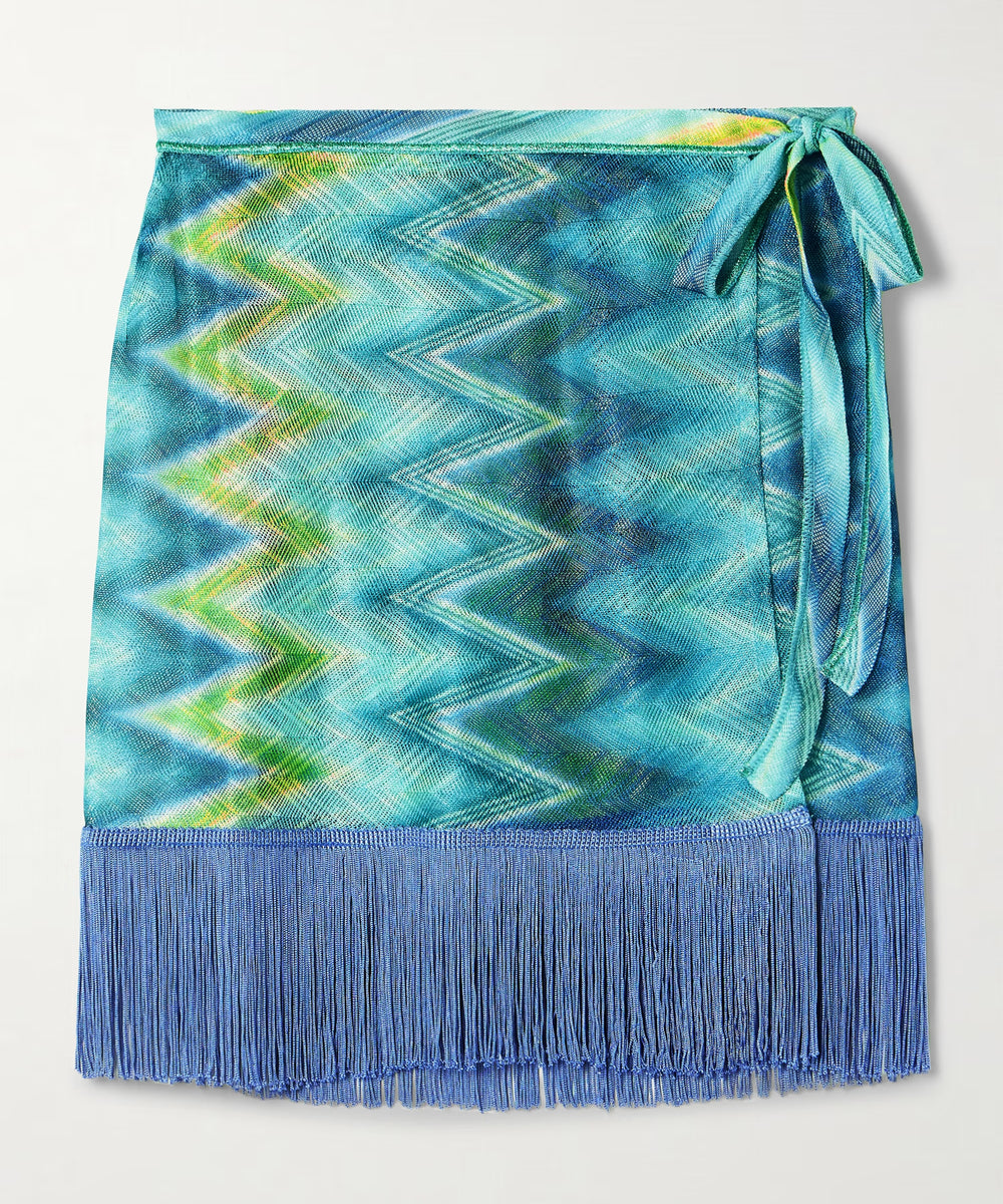 FRINGED PRINTED CROCHET-KNIT WRAP SKIRT